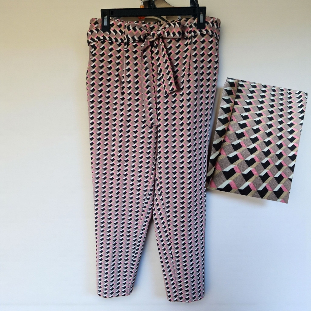 One By Chapter One Stylish Pink & Tan Geometric Women's Pull-On Belted Pants